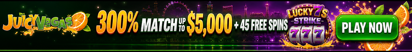 Welcome bonus 300% match up to $5,000 plus 45 free spins on Lucky7s Strike