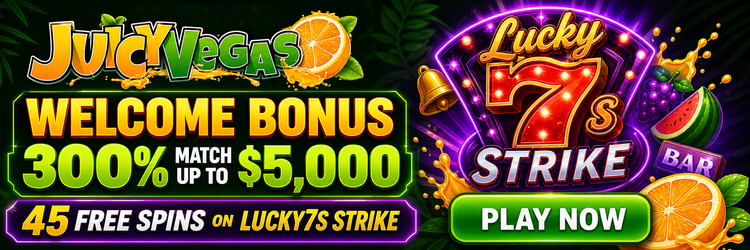 Welcome bonus 300% match up to $5,000 plus 45 free spins on Lucky7s Strike
