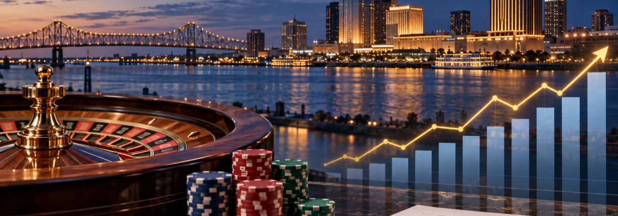 Editorial illustration of Louisiana casino revenue data, a Gulf Coast skyline, and gaming charts