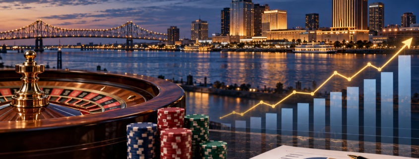 Editorial illustration of Louisiana casino revenue data, a Gulf Coast skyline, and gaming charts