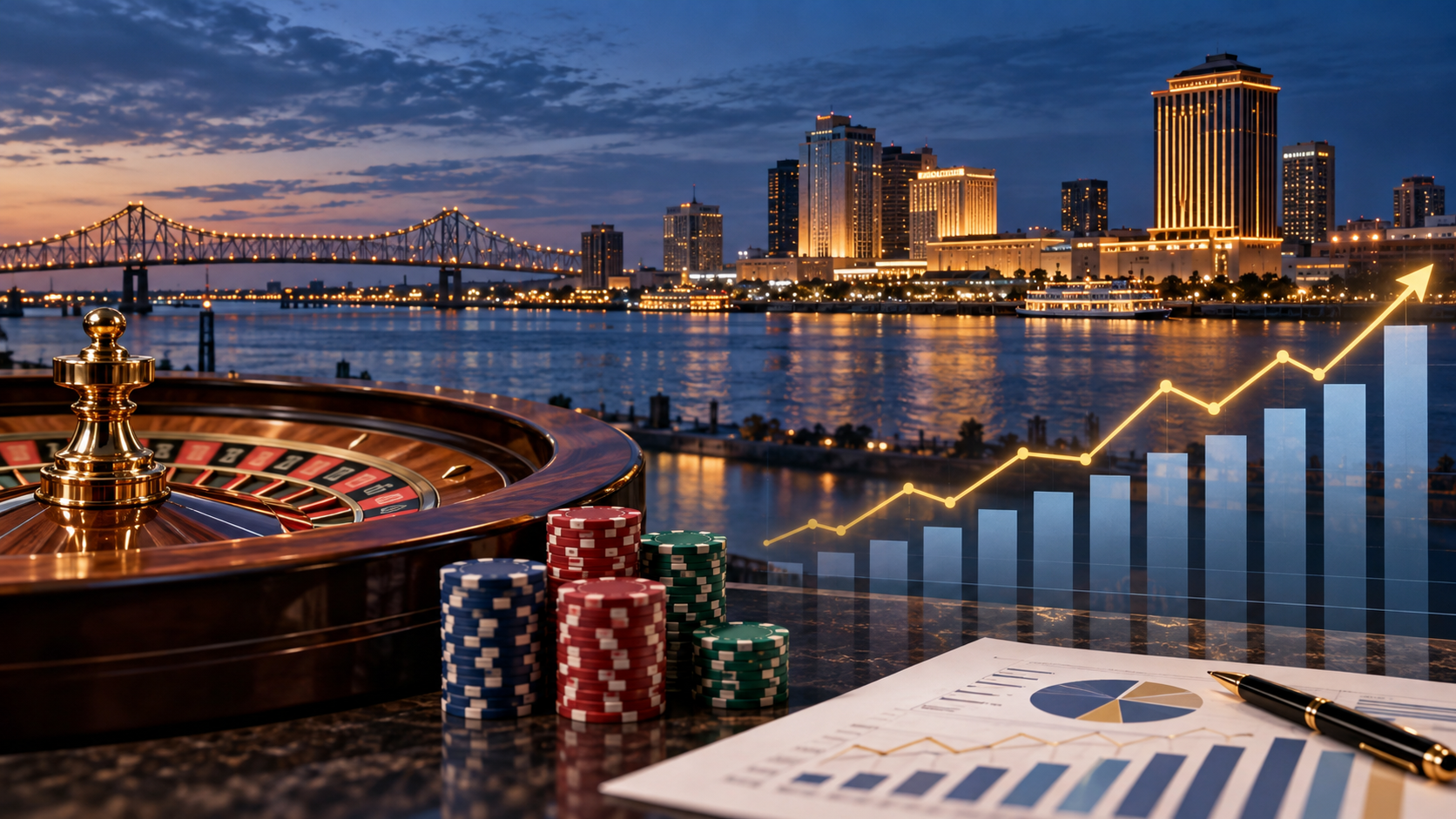 Editorial illustration of Louisiana casino revenue data, a Gulf Coast skyline, and gaming charts