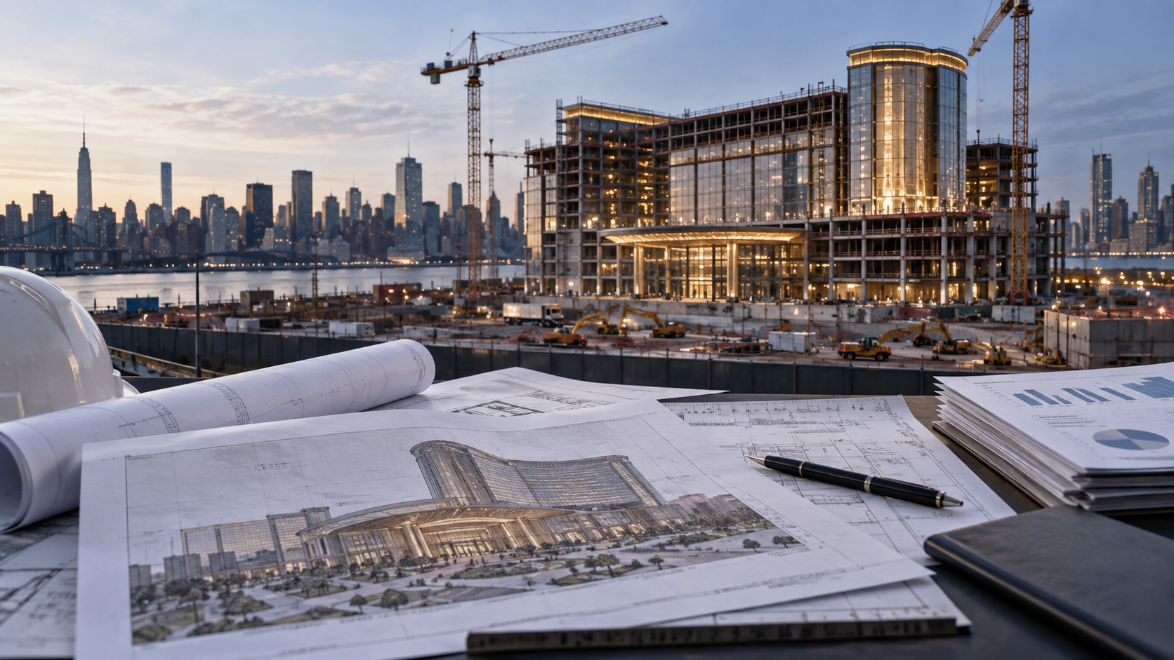 Editorial illustration of a New York casino development, financing documents, and urban construction