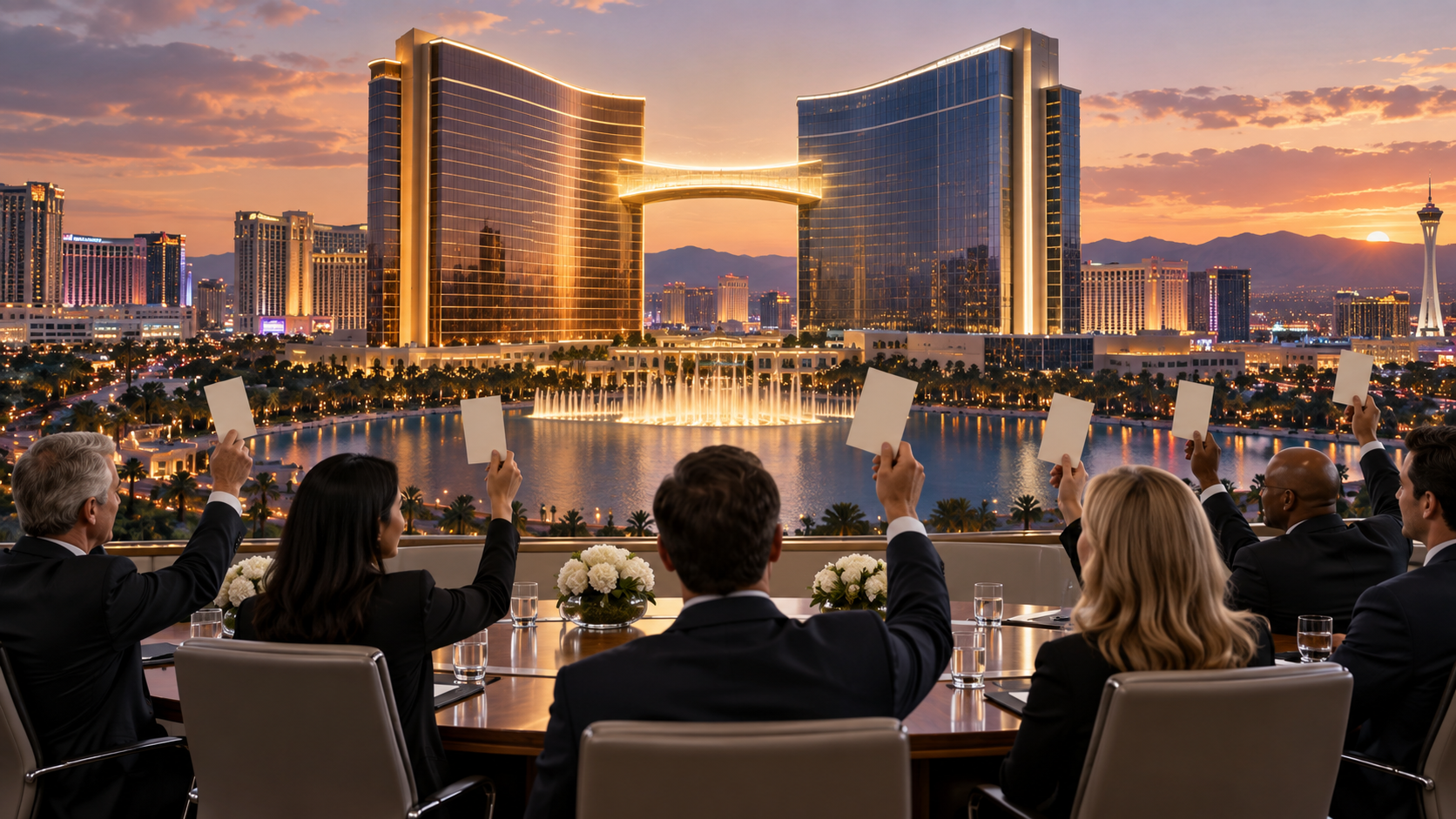 Editorial illustration about Caesars Fertitta merger, United States casino and gambling news, and source documents