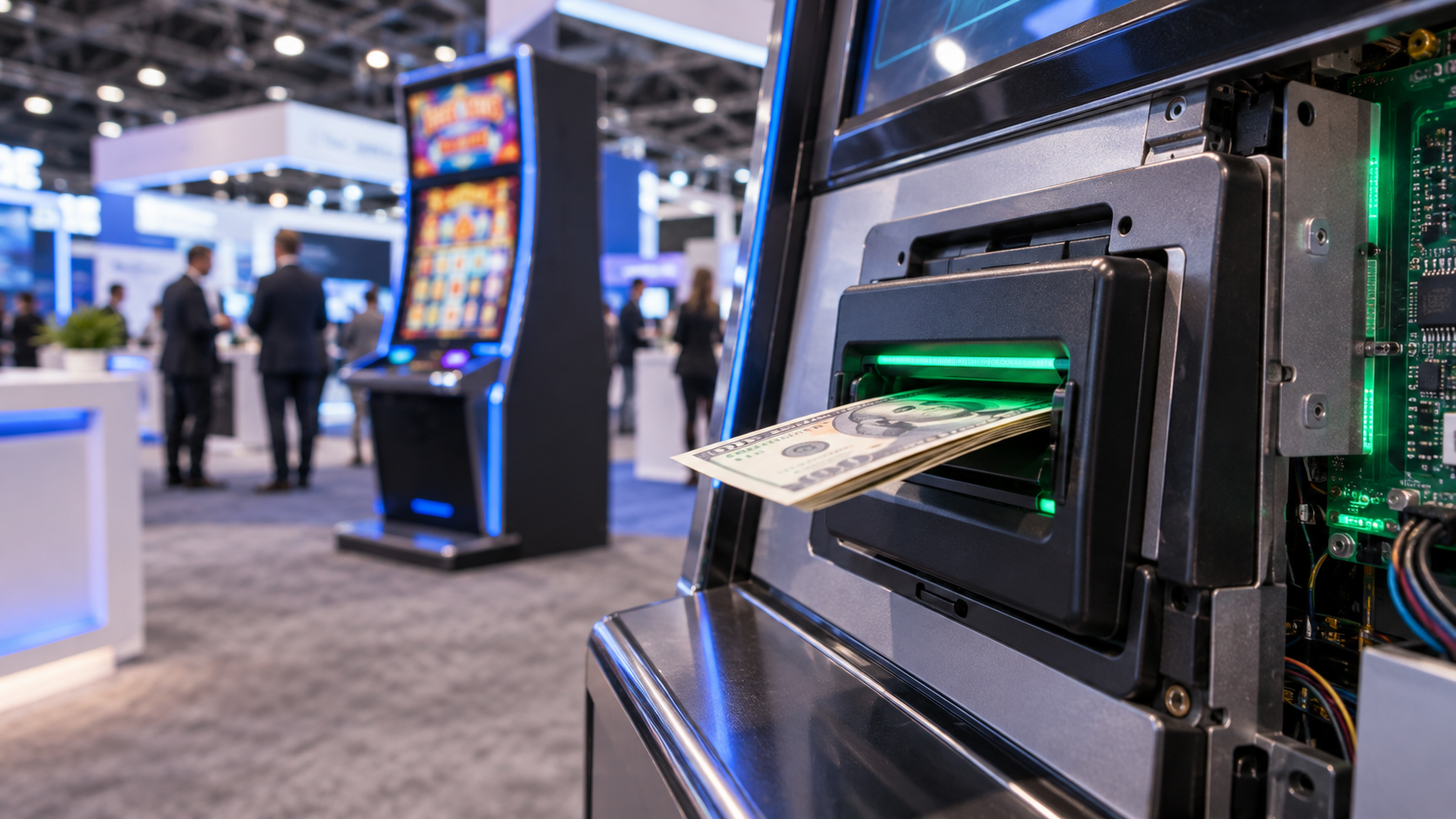 Editorial illustration of casino bill validator technology, a gaming machine, and a trade-show floor