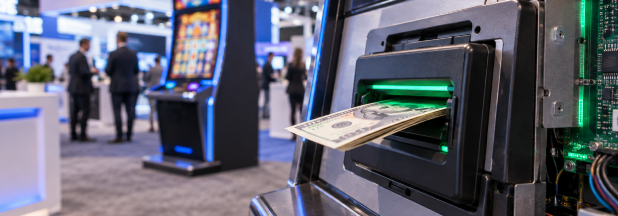 Editorial illustration of casino bill validator technology, a gaming machine, and a trade-show floor