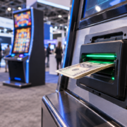 Editorial illustration of casino bill validator technology, a gaming machine, and a trade-show floor