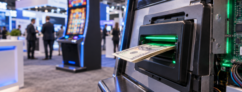 Editorial illustration of casino bill validator technology, a gaming machine, and a trade-show floor