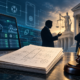 Editorial illustration of DraftKings sports betting technology, a patent dispute, court documents, and digital wagering
