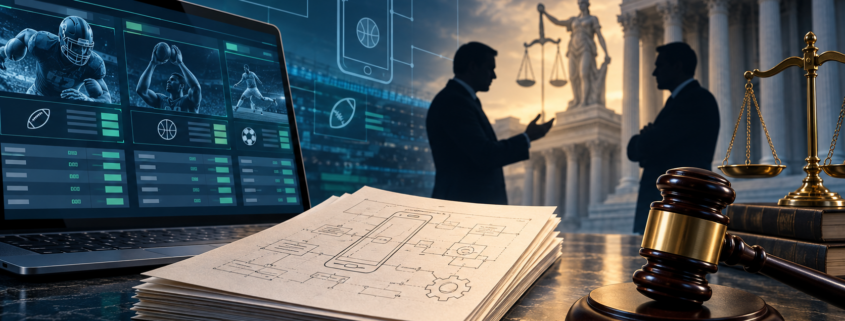 Editorial illustration of DraftKings sports betting technology, a patent dispute, court documents, and digital wagering