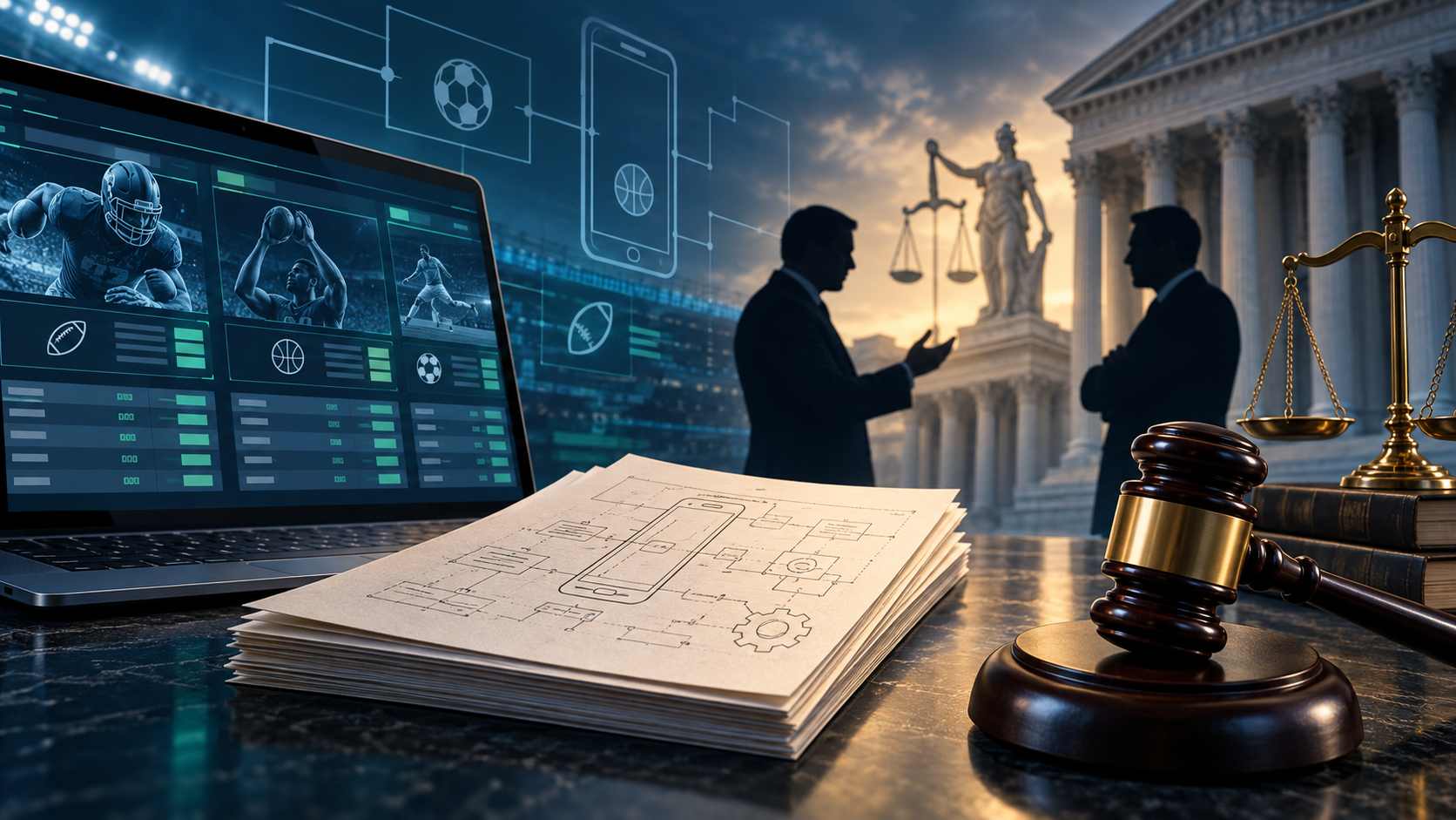 Editorial illustration of DraftKings sports betting technology, a patent dispute, court documents, and digital wagering