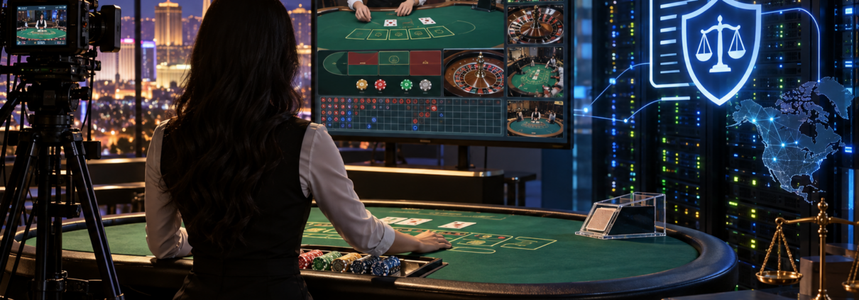 Editorial illustration of North American live dealer casino technology, studio tables, and digital gaming