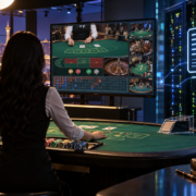 Editorial illustration of North American live dealer casino technology, studio tables, and digital gaming