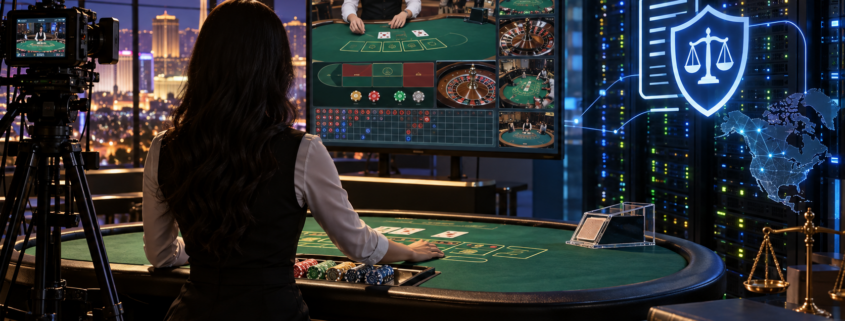 Editorial illustration of North American live dealer casino technology, studio tables, and digital gaming