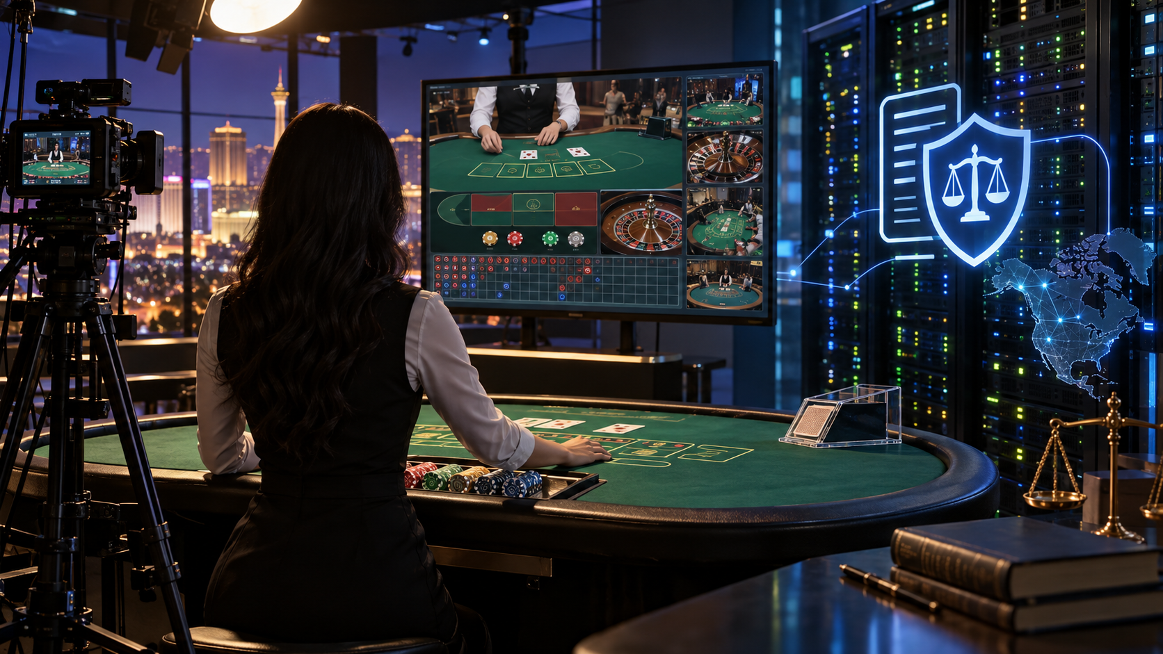 Editorial illustration of North American live dealer casino technology, studio tables, and digital gaming