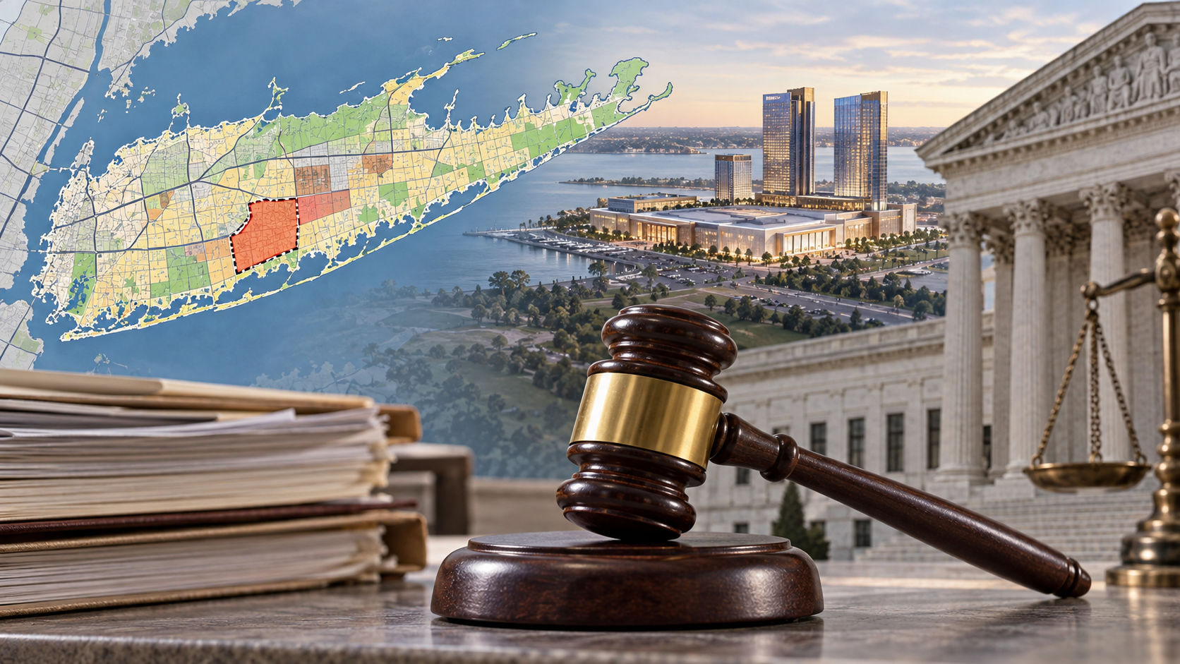 Editorial illustration of a Long Island casino rezoning case with a courthouse and planning map