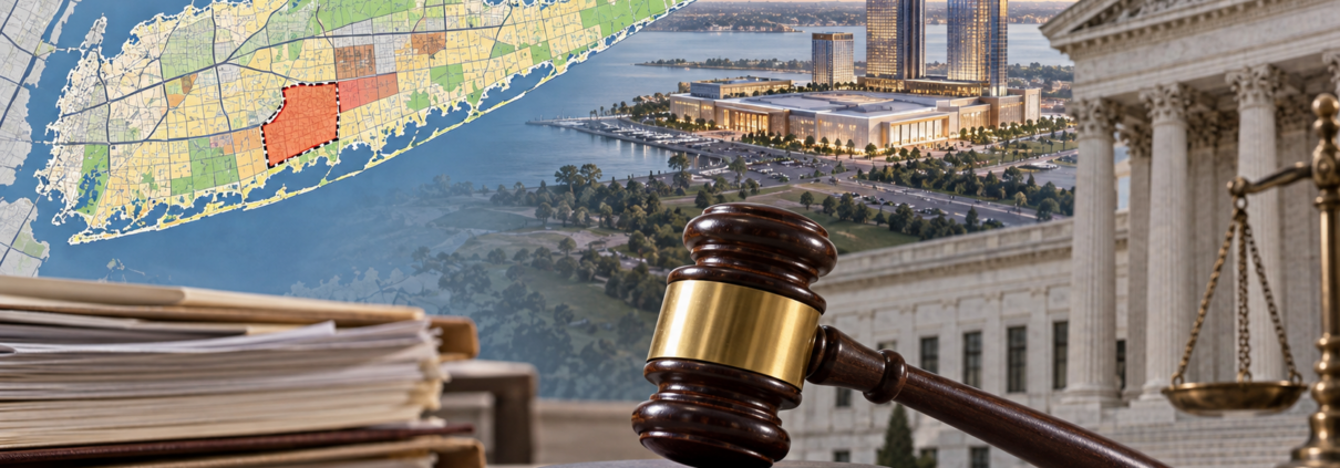 Editorial illustration of a Long Island casino rezoning case with a courthouse and planning map
