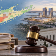 Editorial illustration of a Long Island casino rezoning case with a courthouse and planning map