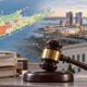 Editorial illustration of a Long Island casino rezoning case with a courthouse and planning map
