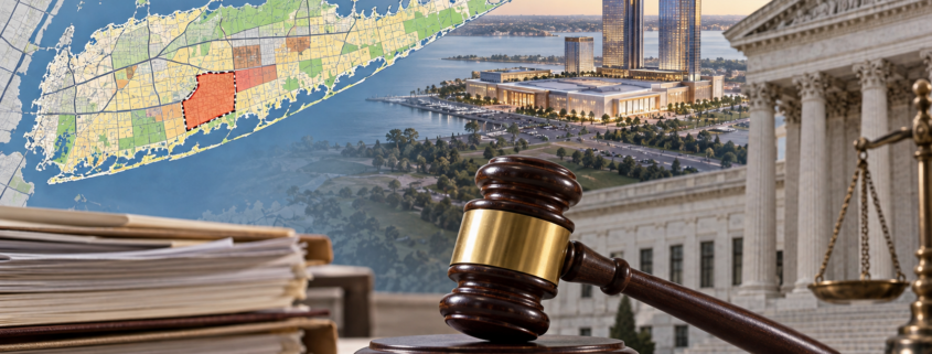 Editorial illustration of a Long Island casino rezoning case with a courthouse and planning map
