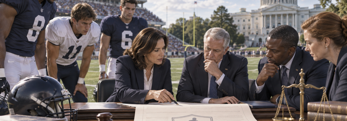 Editorial illustration of college sports policy, a congressional debate, and betting oversight