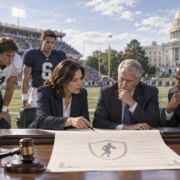 Editorial illustration of college sports policy, a congressional debate, and betting oversight