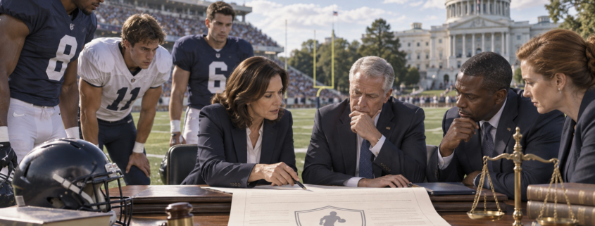 Editorial illustration of college sports policy, a congressional debate, and betting oversight