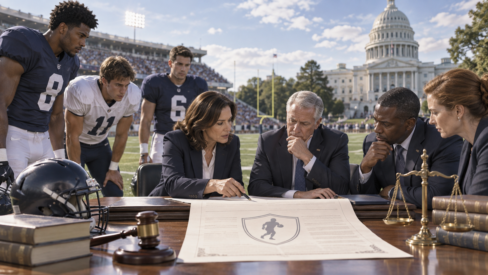 Editorial illustration of college sports policy, a congressional debate, and betting oversight