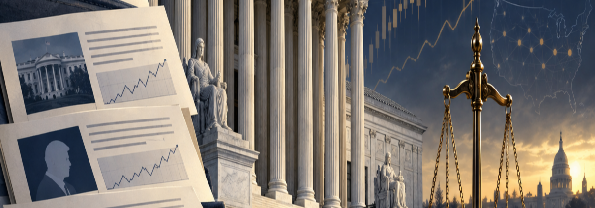 Editorial illustration of the US Supreme Court, prediction markets, and federal jurisdiction documents