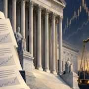 Editorial illustration of the US Supreme Court, prediction markets, and federal jurisdiction documents