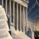 Editorial illustration of the US Supreme Court, prediction markets, and federal jurisdiction documents
