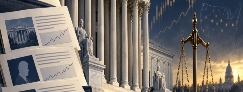 Editorial illustration of the US Supreme Court, prediction markets, and federal jurisdiction documents