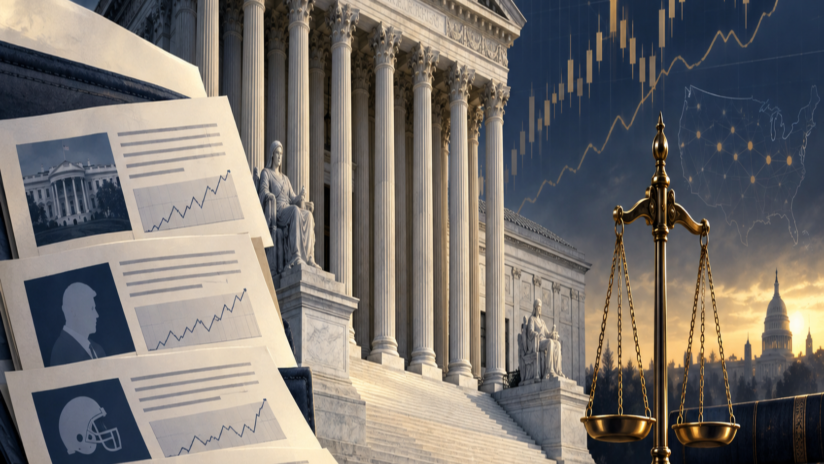 Editorial illustration of the US Supreme Court, prediction markets, and federal jurisdiction documents