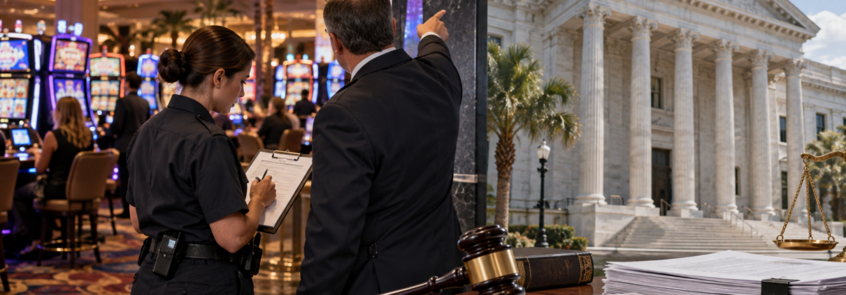 Editorial illustration of a Florida casino event, safety review, and courthouse documents
