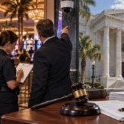Editorial illustration of a Florida casino event, safety review, and courthouse documents