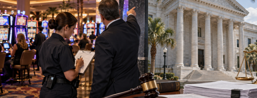 Editorial illustration of a Florida casino event, safety review, and courthouse documents