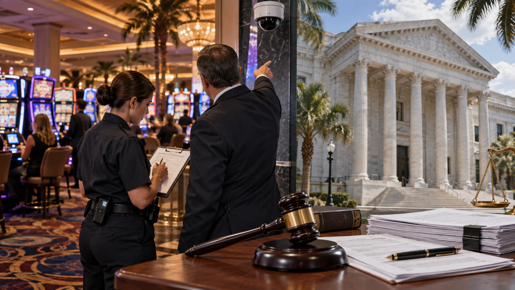 Editorial illustration of a Florida casino event, safety review, and courthouse documents