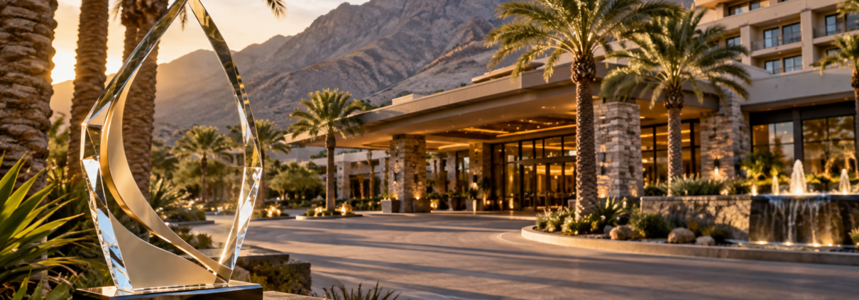 Editorial illustration of Pechanga casino resort, a travel award, and a California resort setting