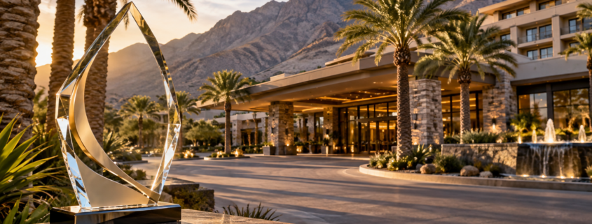Editorial illustration of Pechanga casino resort, a travel award, and a California resort setting