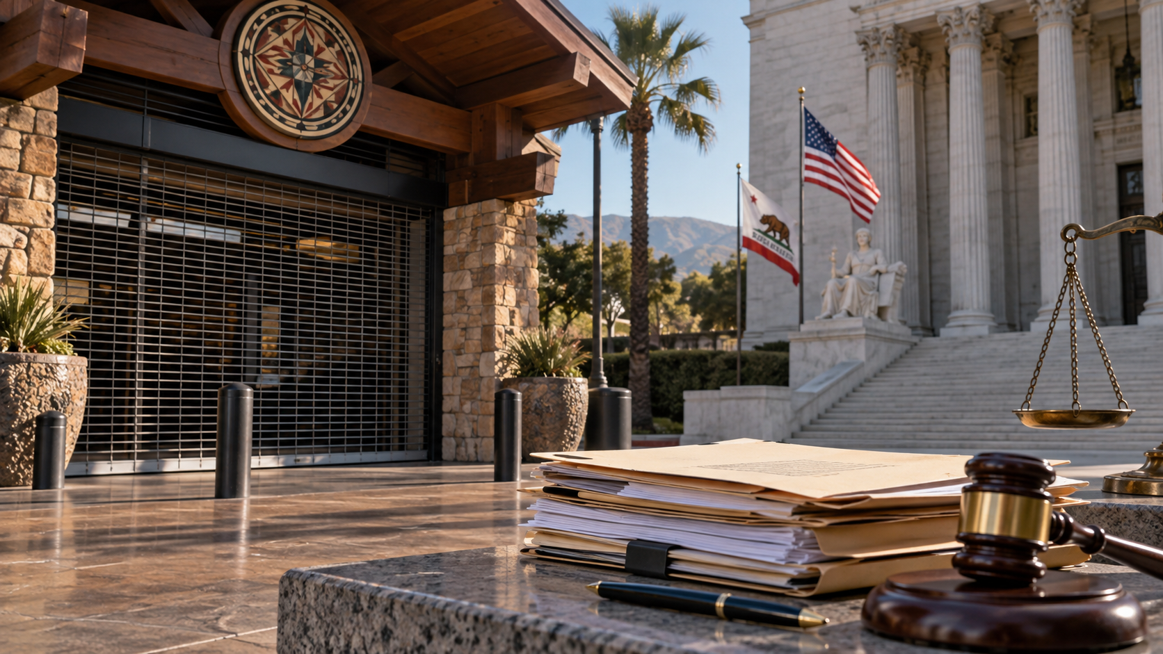 Editorial illustration of a California tribal casino legal dispute