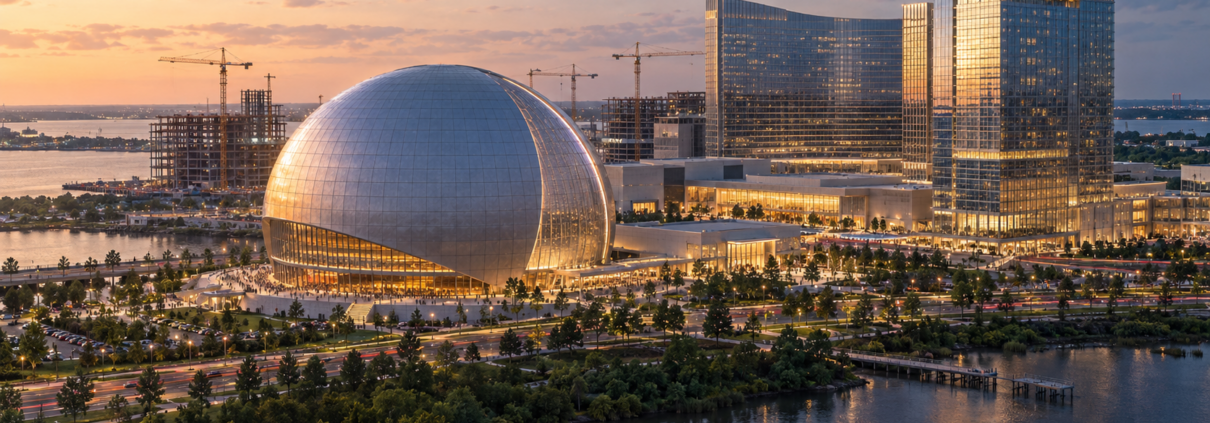 Editorial illustration for Sphere National Harbor Renderings Show a Venue Larger Than Its ‘Mini Sphere’ Label